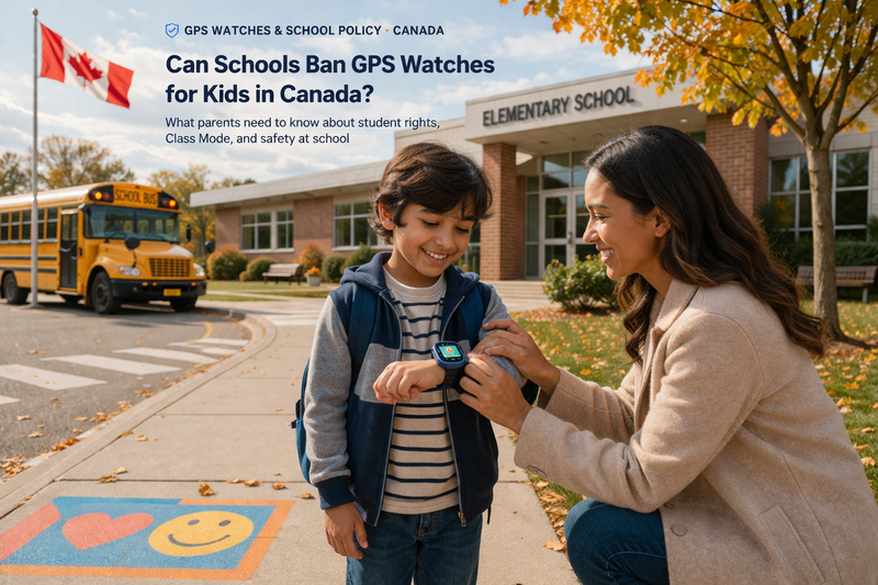 Mother helping her child wear a GPS safety watch outside a Canadian elementary school