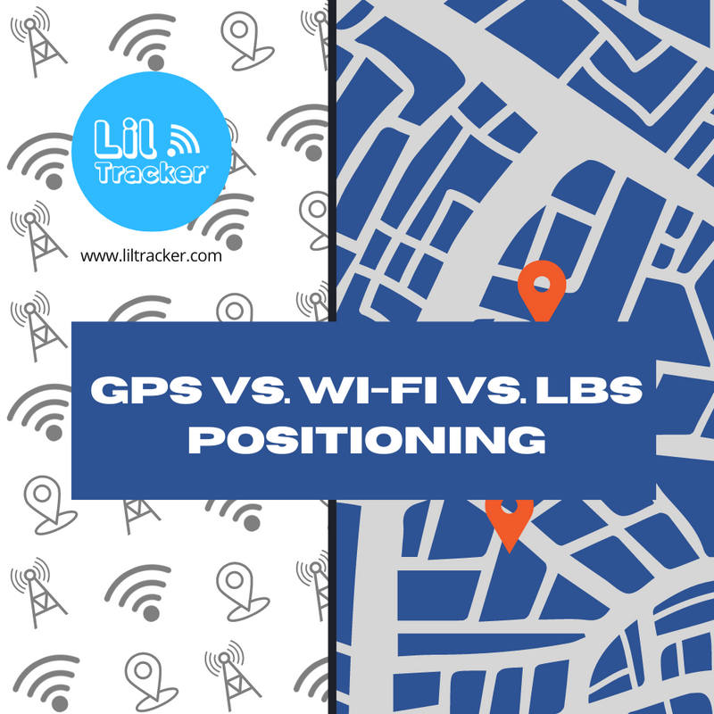 wi-fi symbol, cell tower, GPS pin on left side and map on right side. The difference between GPS, Wi-Fi, and LBS positioning in relation to GPS tracking devices and smartwatches.