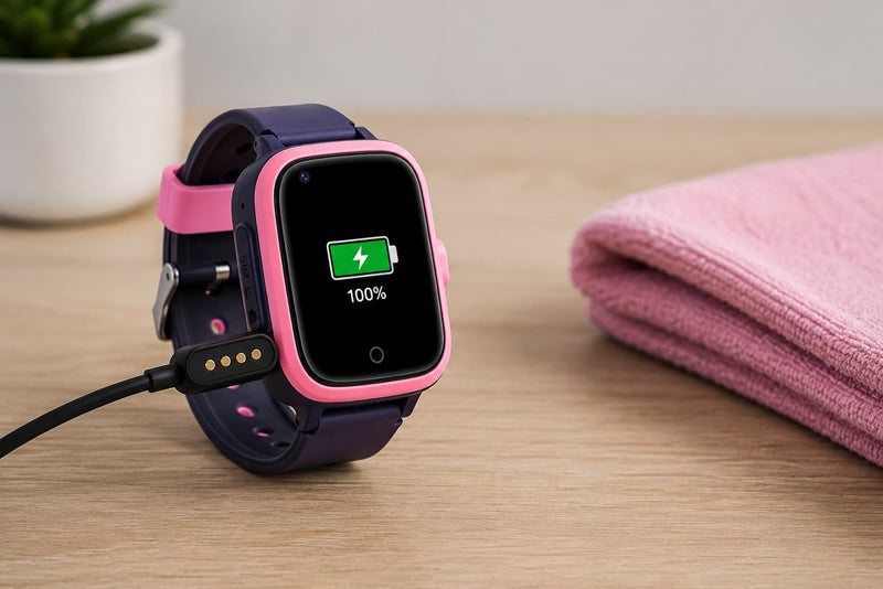 Lil Tracker GPS watch charging with a 4-pin magnetic cable, showing a full battery screen for lithium-ion battery care and charging tips.
