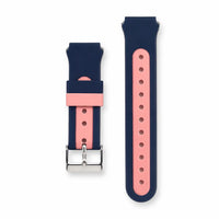Navy and pink watch strap with metal buckle on a white background