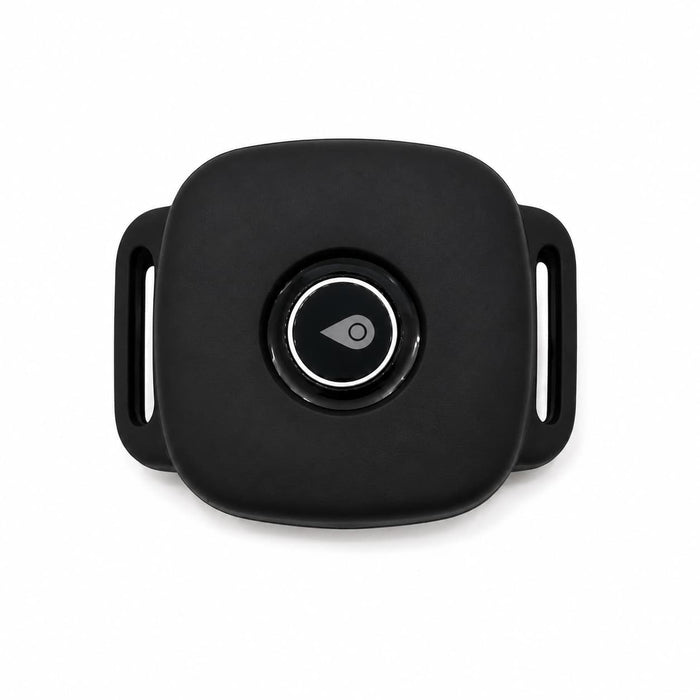 Front view of the Lil Tracker 4G GPS pet tracker for dogs in its silicone collar holder