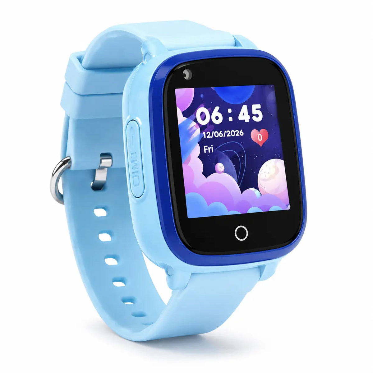 Blue  Lil Tracker smartwatch with a colorful display on a white background