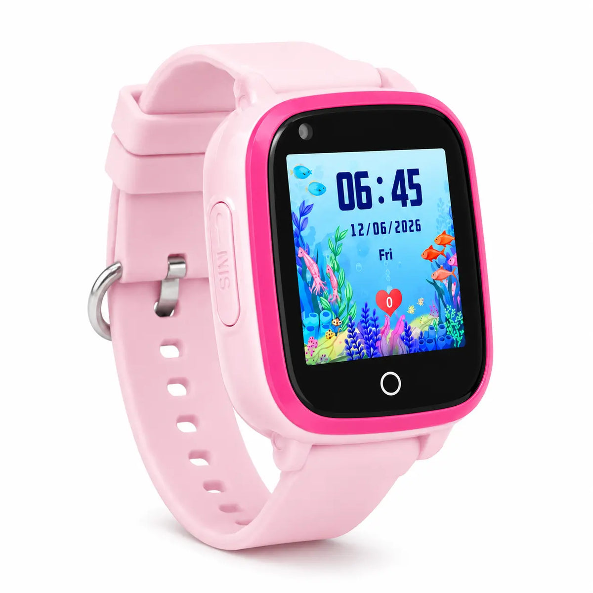 Pink Lil Tracker smartwatch with a colorful underwater-themed display on a white background