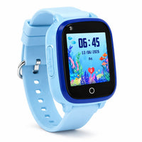 Blue  Lil Tracker smartwatch with a colorful underwater-themed display on a white background