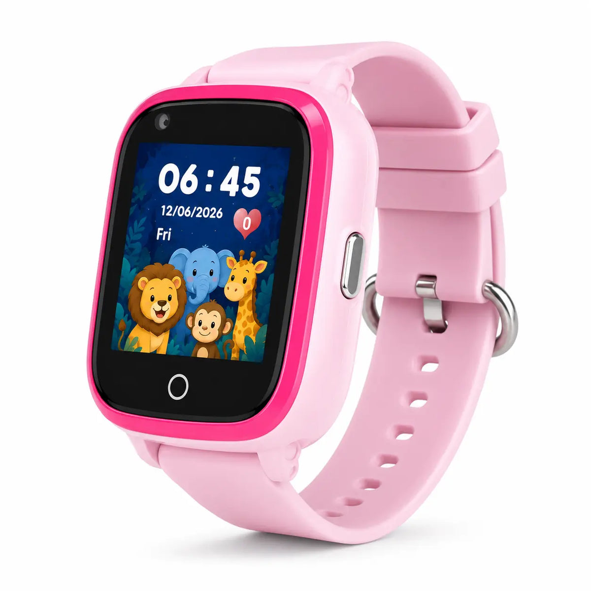 Pink Lil Tracker smartwatch with a colorful display on a white background