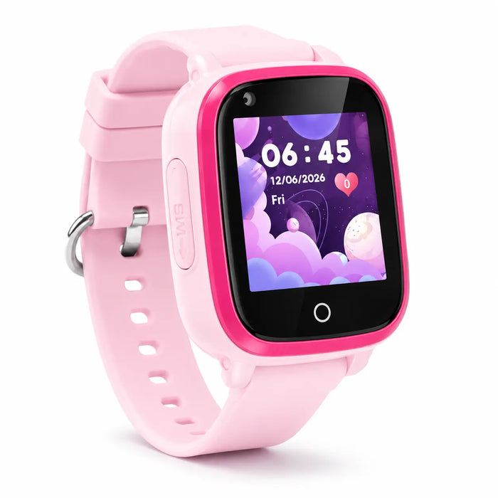 Pink Lil Tracker smartwatch with a colorful display on a white background