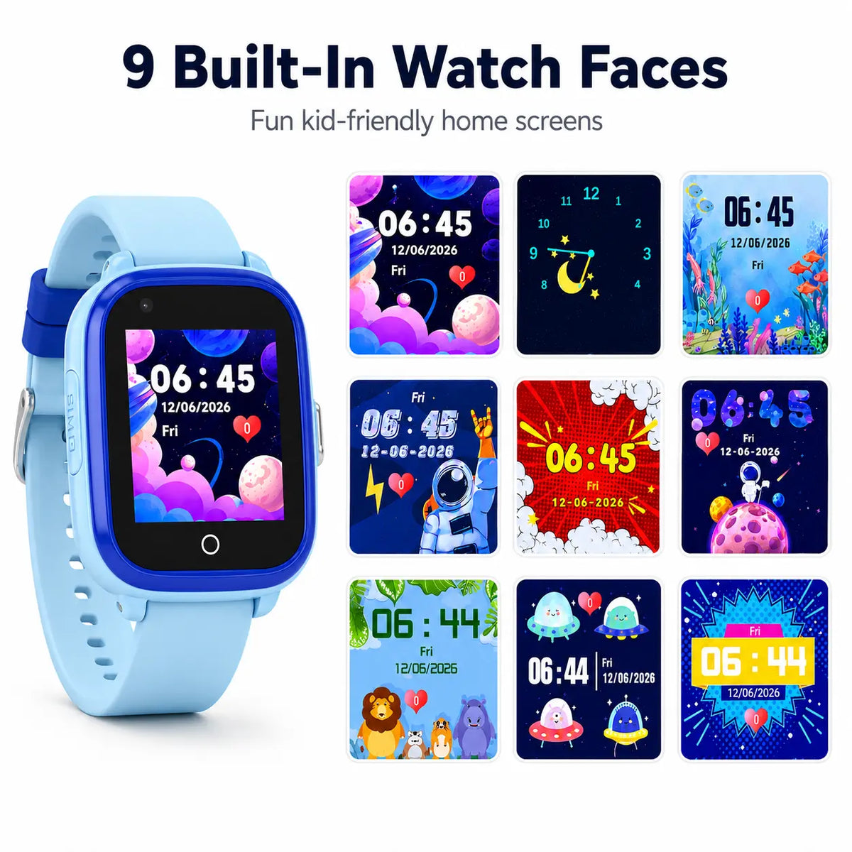  Lil Tracker smartwatch with 9 built-in watch faces displayed on a white background