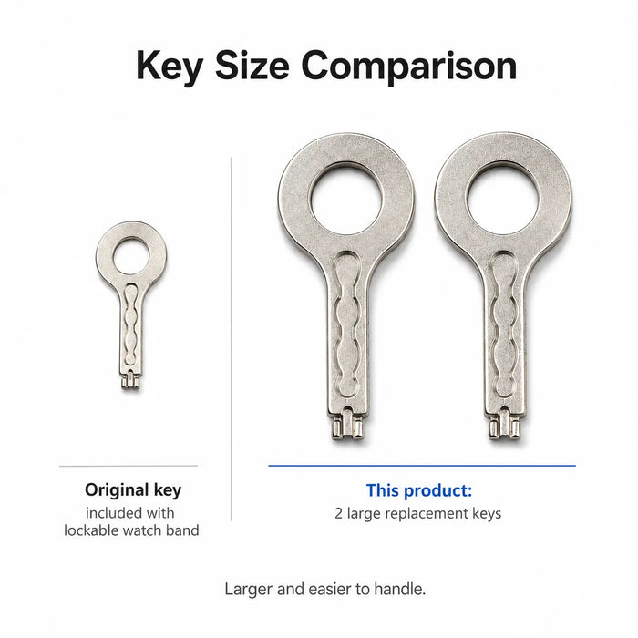 Size comparison showing original Lil Tracker lockable watch band key beside two larger replacement keys