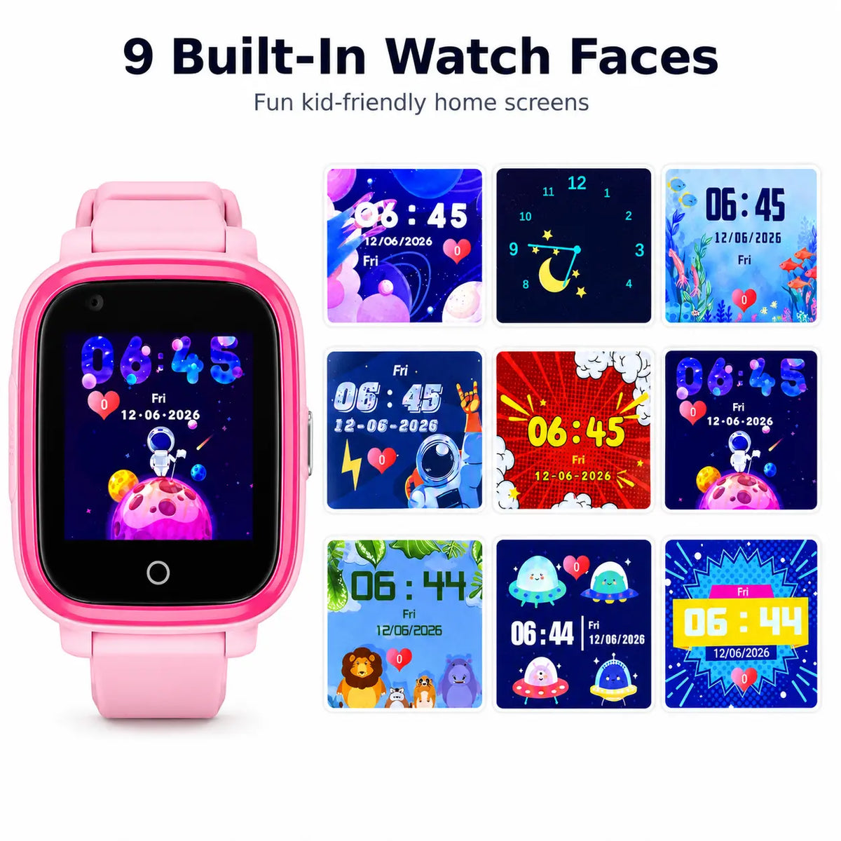 Pink Lil Tracker smartwatch with 9 built-in watch faces displayed on a white background