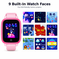 Pink Lil Tracker smartwatch with 9 built-in watch faces displayed on a white background